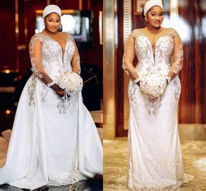 Aso Ebi Meerjungfrau-Brautkleid in Übergröße mit abnehmbarer Schleppe, Illusion, langärmlig, afrikanisches Hochzeits-Brautkleid mit perlenbesetzter Spitze