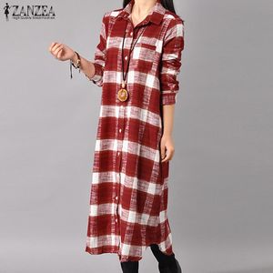 Платья Zanzea 2022 Осенние женщины мода повседневная свободная клетчатая платья с длинными рубашками макси