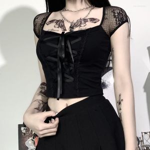 Women's T Shirts Vintage Tops Goth T-shirt Women Bodycon Bandage Lace Black T-shirts Gothic Streetwear Sexy Female Top Casual Mesh Tee