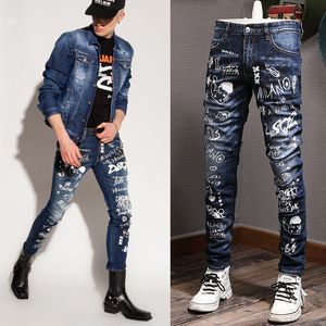 Graffiti Print Stretch Denim Jeans dla mężczyzn Nowe europejskie i amerykańskie spodnie kowbojskie w stylu mody