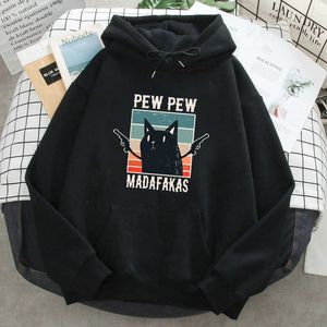 Herrtröjor tröjor pew madafakas svart katt rolig tryck mens hoodie harajuku ullzang streetwear anime tröja varm casual överdimensionerad hoody t221008