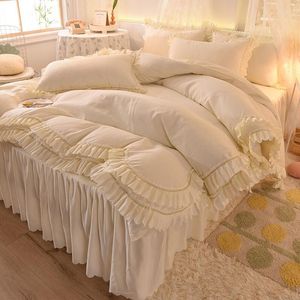 Bettwäsche-Sets im Prinzessin-Stil, reine Farbe, gewaschene Baumwolle, Set mit Bettbezug, Bettrock und Kissenbezug, Mädchen-Schlafzimmer-Dekoration