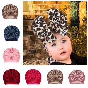 Baby Girls Flannel Big Bow Knot Hat Kids Soft Turban Caps Children Leopard Beanies Photo Props Gifts Hair Accessories