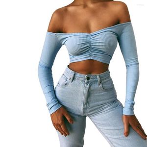 Kvinnors T-skjortor Hirgin Fashion Women's Sexy Off Shoulder T-shirt Tube Vest L￥ng￤rmad Ribbed Knit Blus Exposed Navel Slim Tops