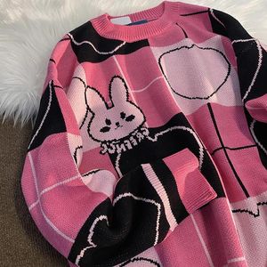 Kadın Sweaters Deeptown Kore tarzı karikatür Baskı Örgü Süvari Kadınlar Harajuku Ekose Pembe Büyük Boy Mürettebat Uzun Kollu Jumper