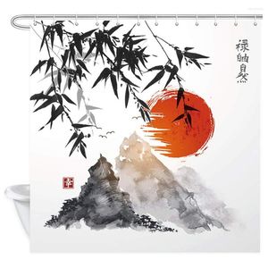 シャワーカーテン日本の竹の木の太陽と山のバスカーテン