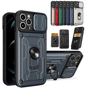 Heavy Duty Slide Camera Protection Card Slot Cases Armor Shockproof Stand For iPhone 14 13 12 11 Pro MAX XR XS Max 8 Samsung S20 FE S21 Ultra A10S A20S A21S A31 A51 A7 5G