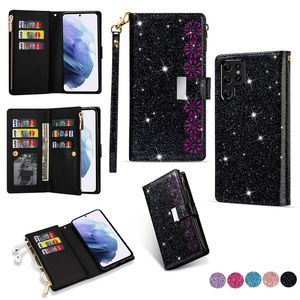 Rope Sparkle Folio Zipper Phone Custodie per iPhone 14 13 12 Mini 11 Pro Max XR XS 7 8 Plus Cordino Slot per schede multiple Portafoglio in pelle glitterata Catena Staffa Guscio protettivo