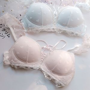 Bras sätter söta lolita flicka underkläder japansk spets broderad bandage push up and trose wiree gratis mesh rosa 221010