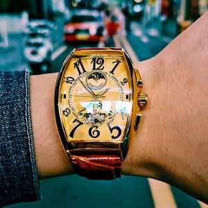 Men Watches Top Brand Luxury Stainless Steel Case Tourbillon Automatic Mechanical Clock Leather Band Tonneau Shape Wristwatch