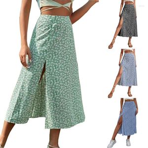 Faldas Mujer Lado Split Estampado floral Midi Falda larga Boho Casual Una línea Gasa Verano 2022 Cintura alta Damas