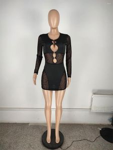 Casual Dresses Sexy Patchwork Mesh Mini Dress Women Cut Out Long Sleeve Autumn BodyCon Party Clubwear See Through O Neck Black Sun239V