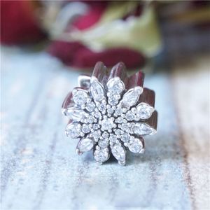 925 Sterling Silver Ice Crystal Snowflake with Clear Cz Charm Bead Fits European Pandora Style Jewelry Charm Bracelets