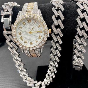 Łańcuchy 3 sztuk Hip Hop biżuteria dla kobiet mężczyzn Iced Out zegarek naszyjniki bransoletka Bling Miama kubański Choker diamentowe złoto początkowe Charms