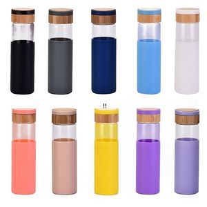 Portable Handle Tumblers 500ml 17oz Glass Water Bottle Drinking Tumbler Cups Insulated Bamboo Lids and Silicone Protective Sleeve by sea JNB