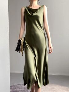 Freizeitkleider Damen Acetat-Satin-Kleid, langes Maxi-Sommerkleid, elegant, schwingender Kragen, künstliche Seide, Partykleid, Robe, Avocadogrün, Weiß