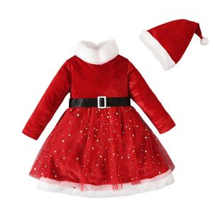 Caps Chapeaux 2-6Y Hiver Guillère Girl Robes Christmas Robe Hat Belt 3pcs Set Star Sequin Mesh Dress Up Clothes Baby Children Tenfit A665 W221010
