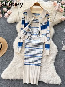 Two Piece Dress Panelled Striped Sweet Knitted Sets Turn Down Collar Knitwear Top Midi Slim Cami Autumn Pieces Suits 221010