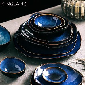 Skålar kinglang 1/2/4 person bordsartiklar set blå färg keramik oregelbunden form middagar tallrik