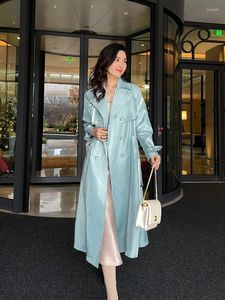 Trench feminina Casacos 2022 Fall French Lady Lady Mint Green Satin Jacket Woman Woman Slim Caist Midn Length Duple-Breakventted Split Coat