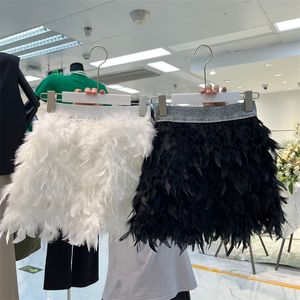 Women's high elastic waist real ostrich fur feather patched short mini skirt