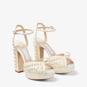 Sandálias de grife sapatos femininos luxo Saracria 100/120 mm branco cetim plataforma sandália salto grosso EU35-43 com caixa casamento nupcial