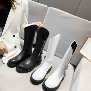 Women fashion Boots leather Slim And Calf Boots Thick-soled Winter Medium Zipper Black White Sports Shoes Size womens booties 1210