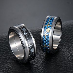 Hochzeit Ringe EKG Herzschlag Liebe Für Männer Frauen Blau Carbon Faser Drehbare Spinner Ring Paar Titan Stahl Schmuck