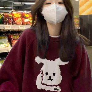 Kvinnors hoodies tröjor jielur koreanska svarta vinröd huvtröjor kvinnor varm fleece söt kanin kpop tröja flickor oneck kawaii topp kvinnlig hoodie mxxl 221010