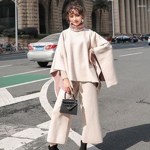 Women's Two Piece Pants Women's Runway Chic Sweatsuits For Women Set Autumn Winter Loose Cloak Cape Knitted Coat High Waist Wide Leg 2