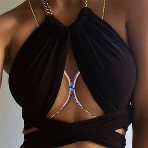 Inne niebieskie płomienie mody kryształowy wspornik klatki piersiowej seksowna biżuteria biżuteria Naszyjnik uprzęży piersi