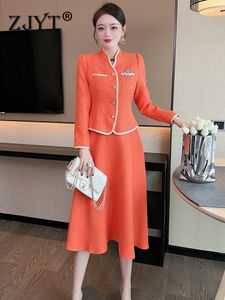 Tvådelad klänning Zjyt Designer Autumn Set 2 Womens Outfits Orange Elegant Long Sleeve Jacket och Midi Kirt Suit Party Office Wear 221010