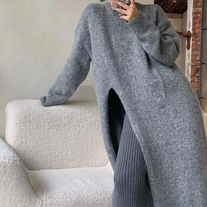 Kadın Sweaters Kadın Moda Yüksek Bölünmüş Uzun Süvari Sonbahar Kış Kollu O Boyun Yan Yarık Kazak Jumper BEYAZ GRİ GÜZEL GÖRÜNÜMÜ