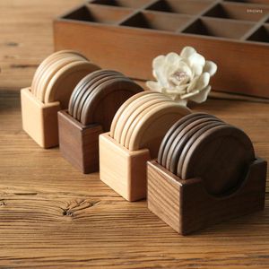 Table Mats 6 Pieces Wooden Coasters Set Black Walnut Solid Wood Round Holder Box Bottom Mat Placemat Heat Insulation Pad