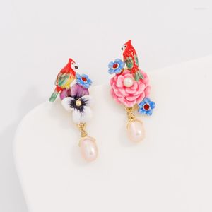 Stud Earrings Jaeeyin 2022 Arrivals Vintage Hand Made Enamel Bird Flower Freshwater Pearl Gold Color Gifts Children Girl Women