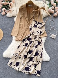 فستان من قطعتين Singreiny Autumn Women Floral Suits Print Strap Long Sleeves Longer Blazer Sets Office Lady Jackets Pieces 221010
