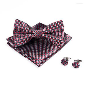 Bow Ties Novelty Men's Bowtie Handkerchief Burgundy Tie Pocket Square Cufflinks Set Dot Plaid Stripe Wine Red Wedding Vintage Necktie