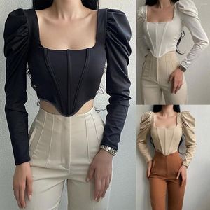 Camisas femininas Hirigin Moda Mulheres Puff de mangas compridas Tampas curtas irregulares com tipo de cor de penhor de penhor de penhor sólido de cor sólida Roupas de cintura