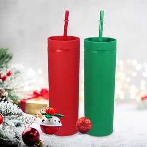 16oz Plastic Tumbler Double Wall Red&Green Straight Rubber Paint Cups With Flat Lids&Straw Christmas Halloween Water Bottle Sea B5