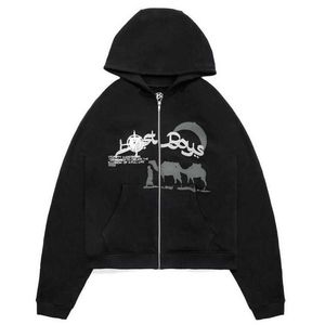 Мужские толстовки толстовок Y2K Hip Hop Full Zip up Up Скупа с капюшоном Мужчина Готическая уличная одежда с длинным рукавом.