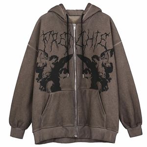 Kadın Hoodies Sweatshirts Kadınlar Vintage Angel Baskı Hoodies Punk Uzun Kollu Zip cep Hip Hop Dışarısı Sonbahar Kış Kapüşonlu Ceket Y2K Giysileri 221010