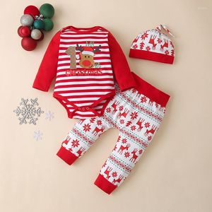 Zestawy odzieży Baby Girls Boy My First Christmas Deer Print Outfits Xmas Romper Hat Suit Fashion Kid Ubrania 3pcs