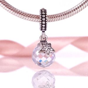 925 Sterling Silver Moon & Star with Clear Cz Dangle Charm Bead Fits European Pandora Style Jewelry Charm Bracelets