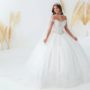 Luxury Quinceanera Dresses with Cloak Glitter Sequin Sweet 16 Gown Off the Shoulder Beading Mexico Girls Vestidos de XV anos