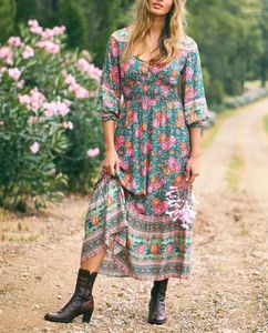 Abiti casual Happie Queens Donna Bottone con stampa floreale Beach Bohemian Maxi Dress Ladies Cross V Neck Summer Rayon Boho Sundress