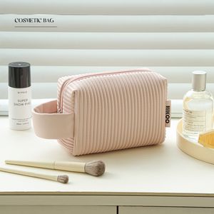 Kit da toilette da 3 pezzi da donna in PU a strisce semplici stampa borsa cosmetica di grande capacità con manico colore misto