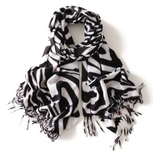 スカーフファッション女性秋のジャクードスカーフビンテージ黒い白い色のゼブラ縞模様パシュミナ冬の暖かい柔らかいカシミアラップフリンジL22006