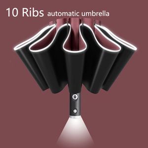 Umbrellas Fully Automatic UV Umbrella With LED Flashlight Reflective Stripe Reverse Large For Rain Sun Heat Insulation Parasol 221010