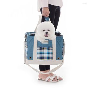 Hundbilsäte täcker rutig denim husdjur bärare axelväska handväska tote valpar små resor utomhus kattpåsar för medelstora mops