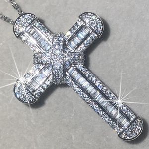 Chains 925 Silver Exquisite Bible Jesus Cross Pendant Necklace For Women Men Crucifix Charm Simulated Platinum Diamond Fine Jewelry